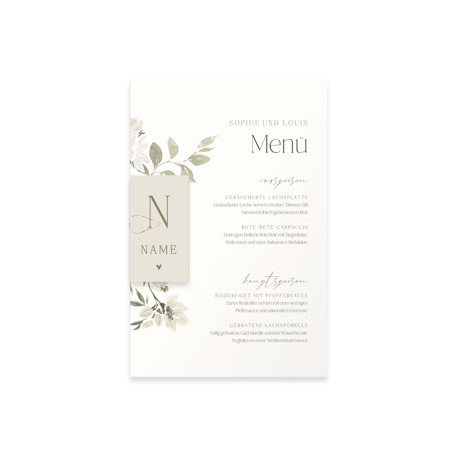 Stilvolle Menükarte mit Blumen und optionalen Namenskarten*