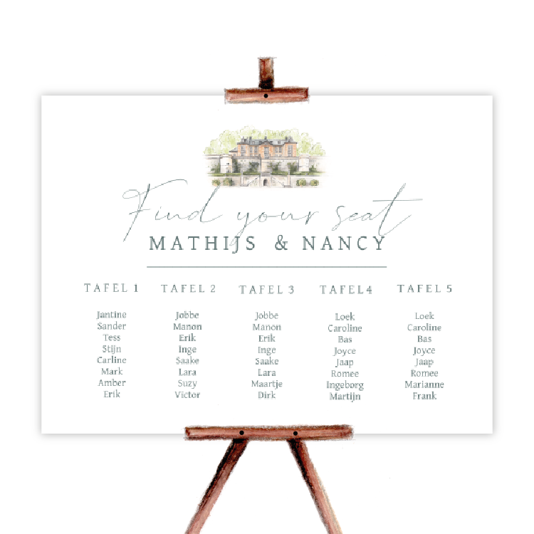 seatingplan zitplan klassiek getekend trouwlocatie chateau neercanne