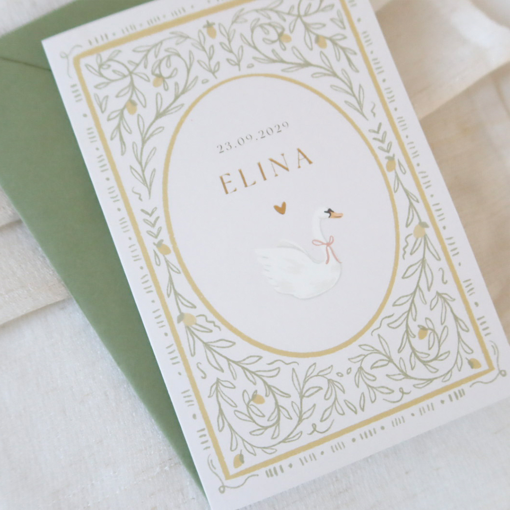 Vintage en botanisch geboortekaartje met zwaan