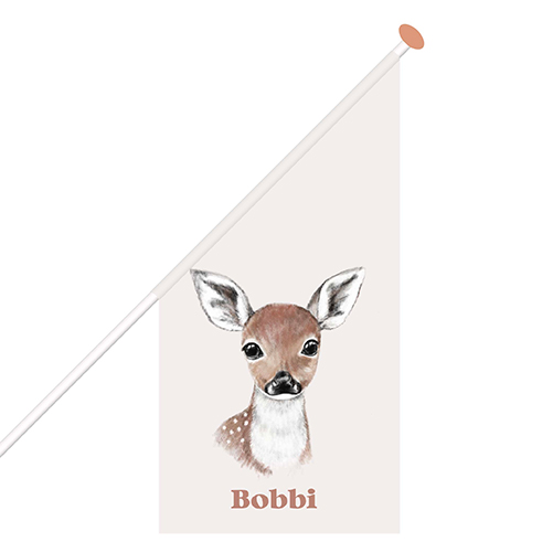 Stijlvolle geboortevlag met naam en dierentekening hertje