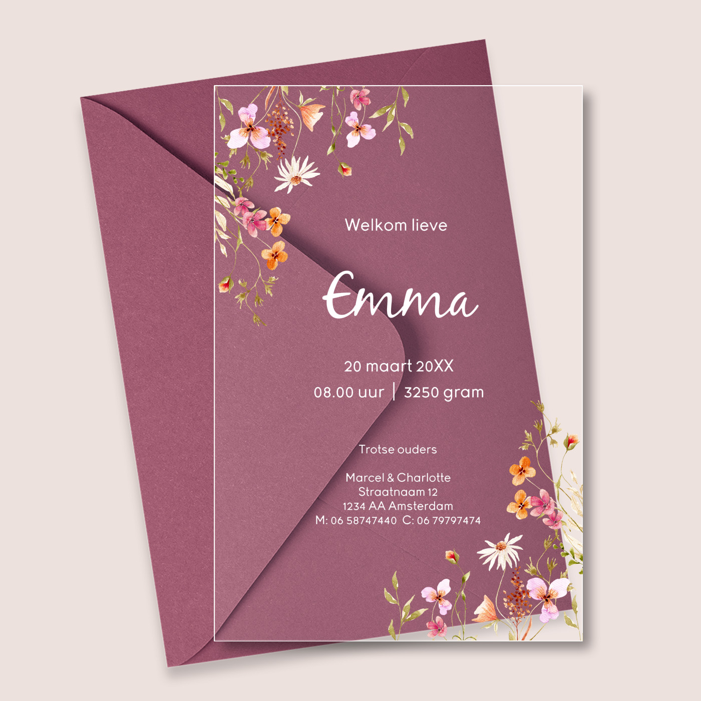 Acryl geboortekaartje met bloemen roze