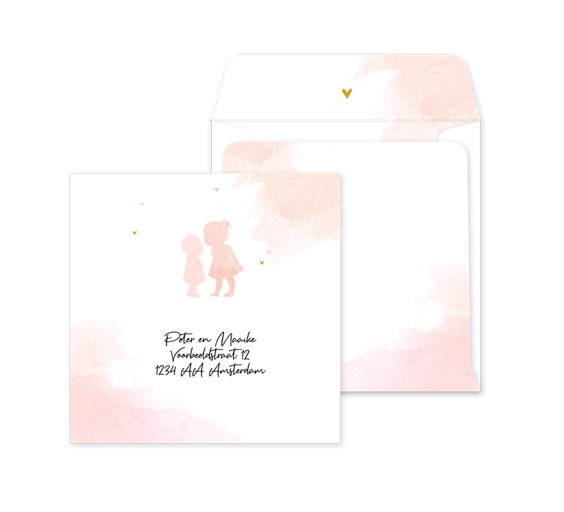 Lieve envelop op maat met watercolour, silhouetjes en hartjes