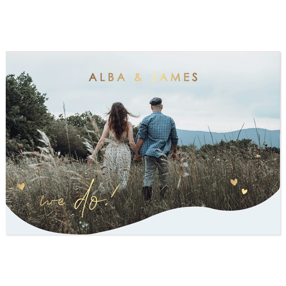 foto trouwkaart met halfronde golf en goudfolie