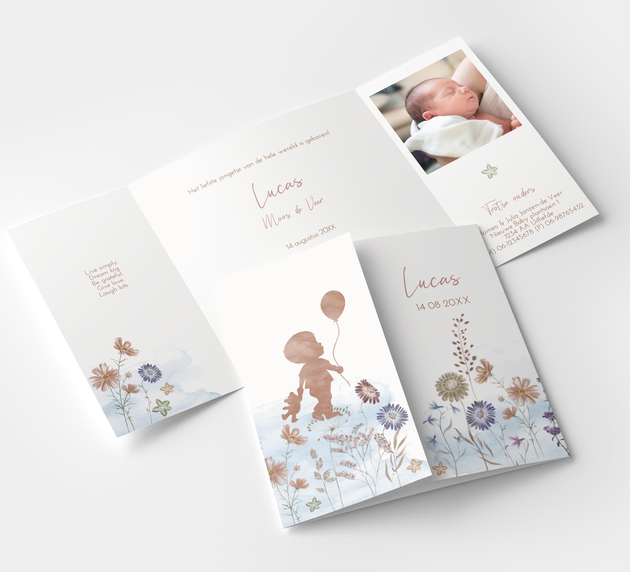 Geboortekaartje jongetje theatervouw met silhouet en veldbloemen