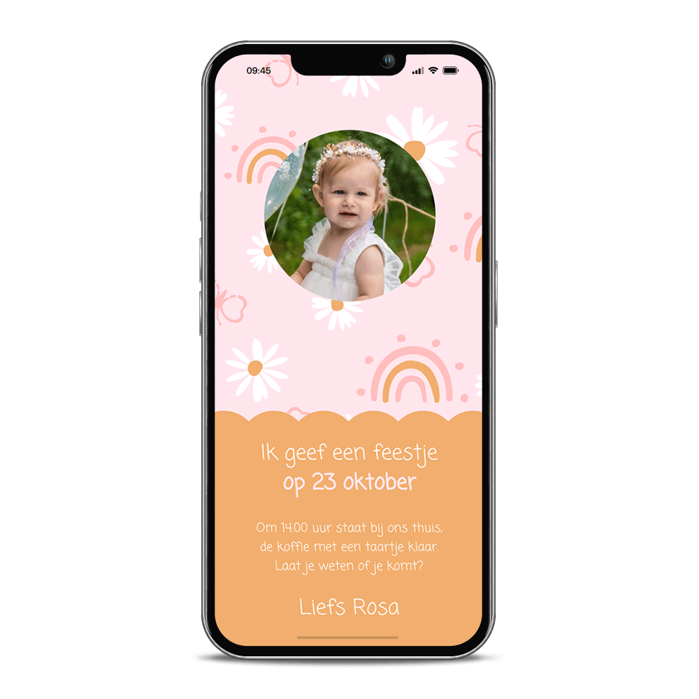 Vrolijke uitnodiging kinderfeestje meisje met bloemen en regenboog