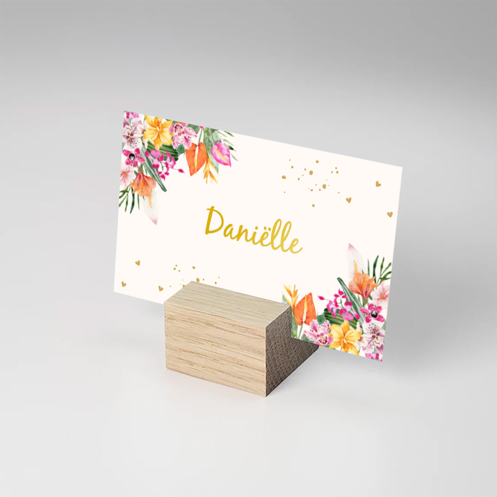 Naamkaartjes huwelijk tropische bloemen goudfolie