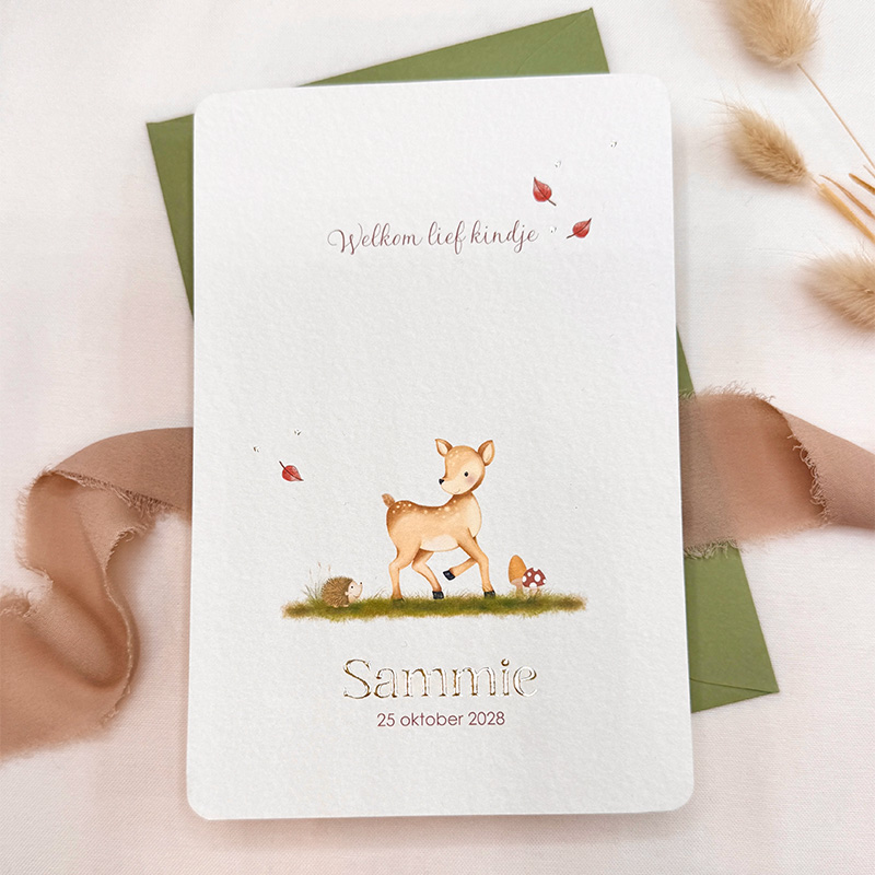 Lief geboortekaartje hertje en egeltje in herfststijl