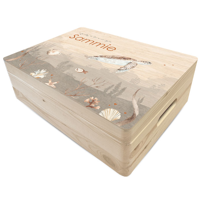 Geboorte memory box van hout unisex met schildpad en vissen