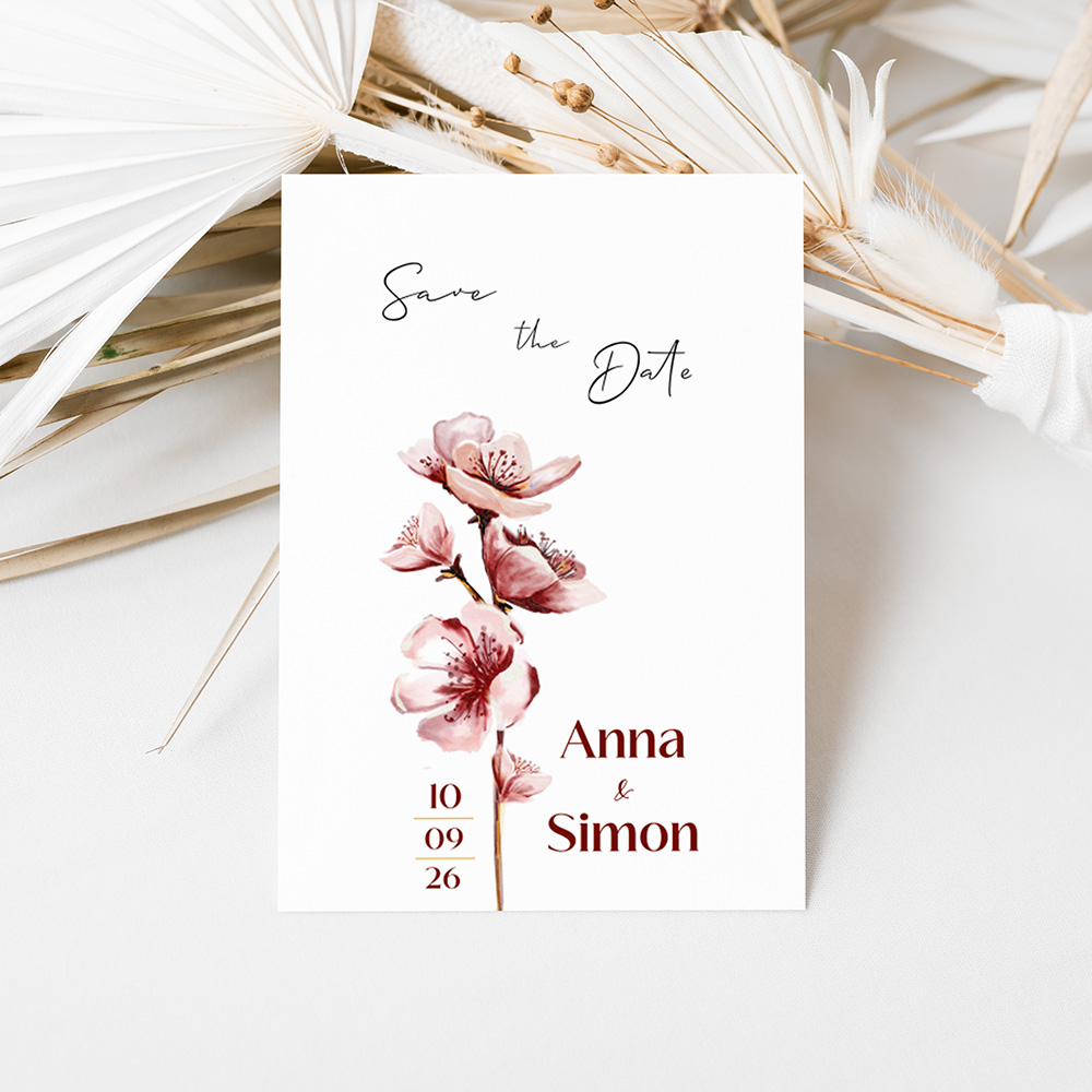 Save the date minimalistisch met kersenbloesem 