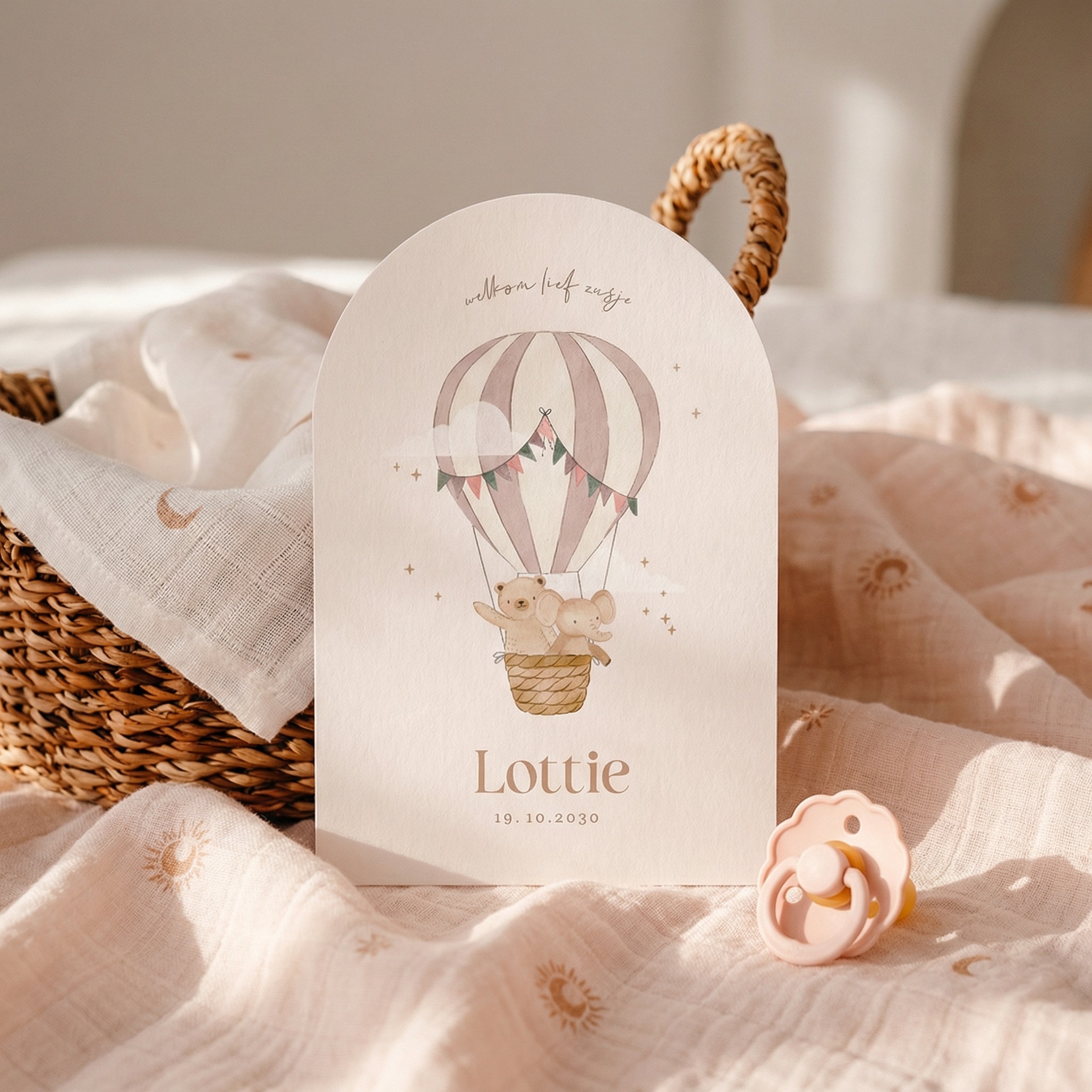 Lief geboortekaartje meisje met luchtballon en dieren