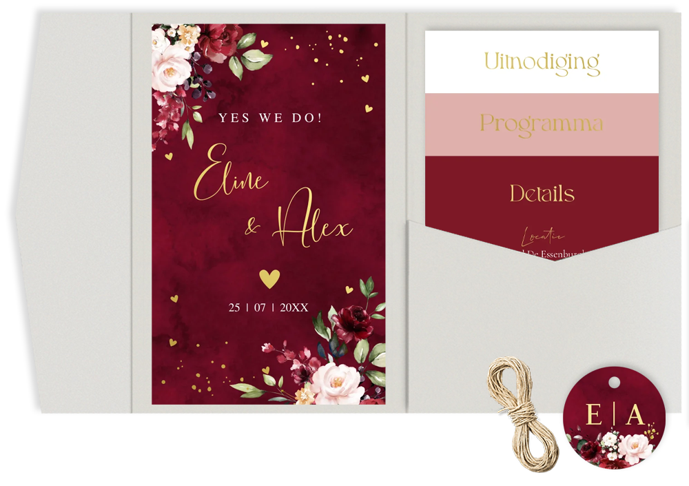Pocketfold trouwkaart rood bloemen botanisch goudfolie