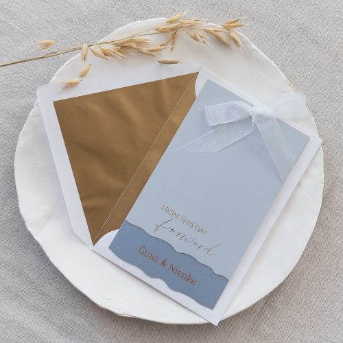 Trouwkaart scheprand  blauw goudfolie