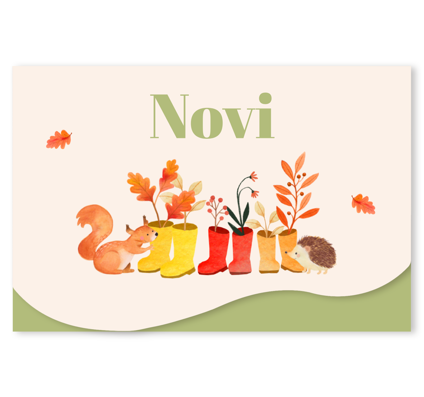 Geboortekaartje Novi met bosdieren, Golvende onderkant, Trendy, Herfst