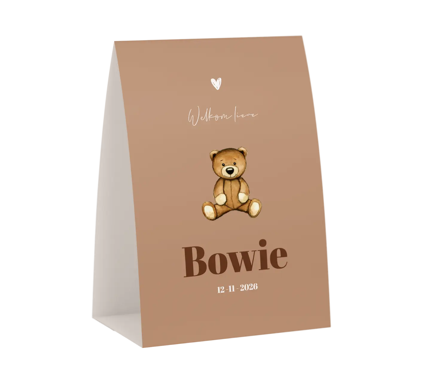 Bruin geboortekaartje met teddybeer in tentvorm