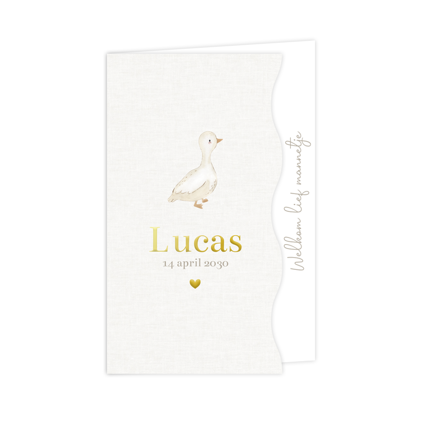 Geboortekaartje golfrand neutraal met lief gansje en foliedruk