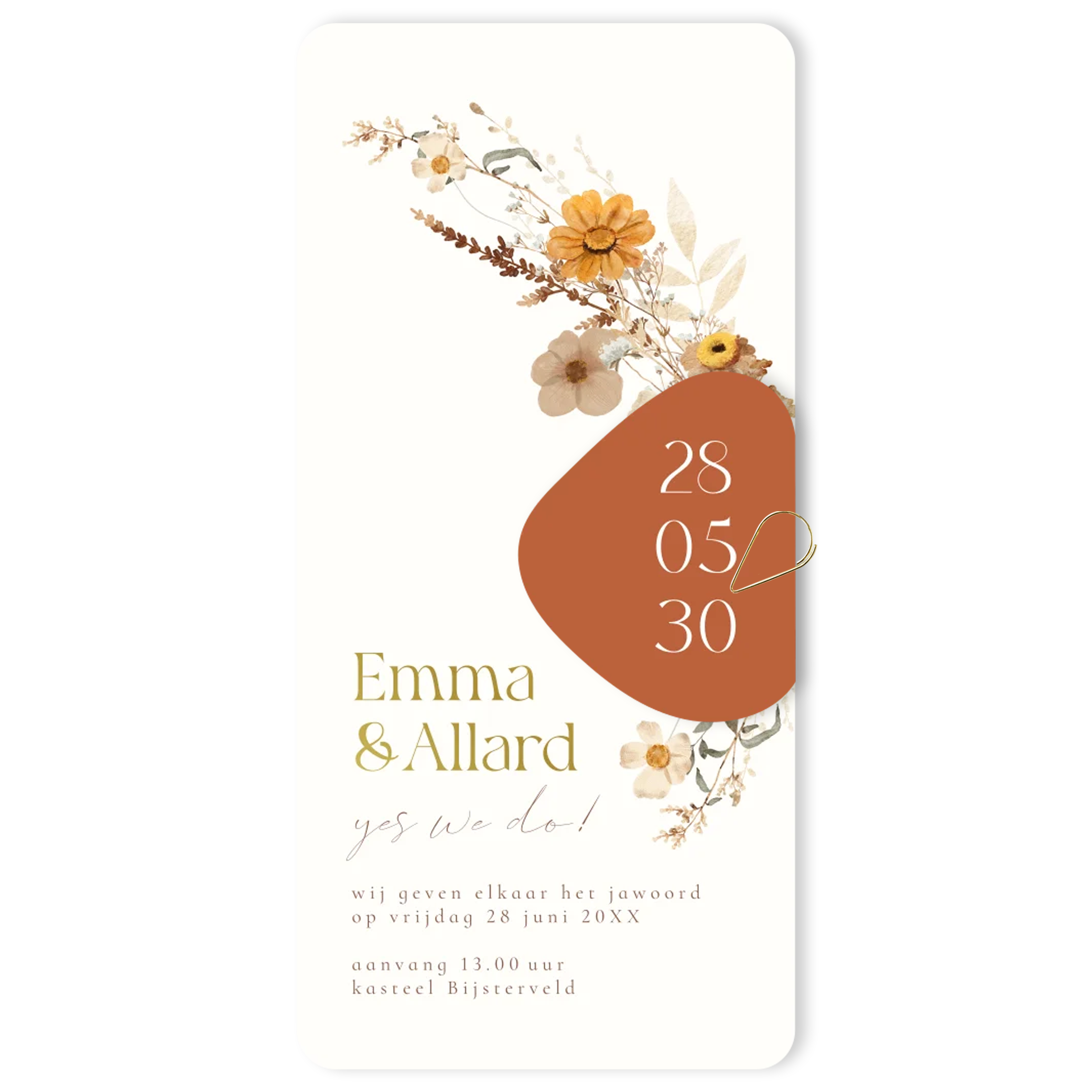 Labelkaart trouwkaart langwerpig bloemen beige bloemen goudfolie