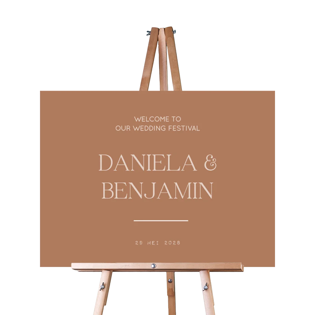 Welkomstbord bruiloft in stijlvolle neutrale kleuren