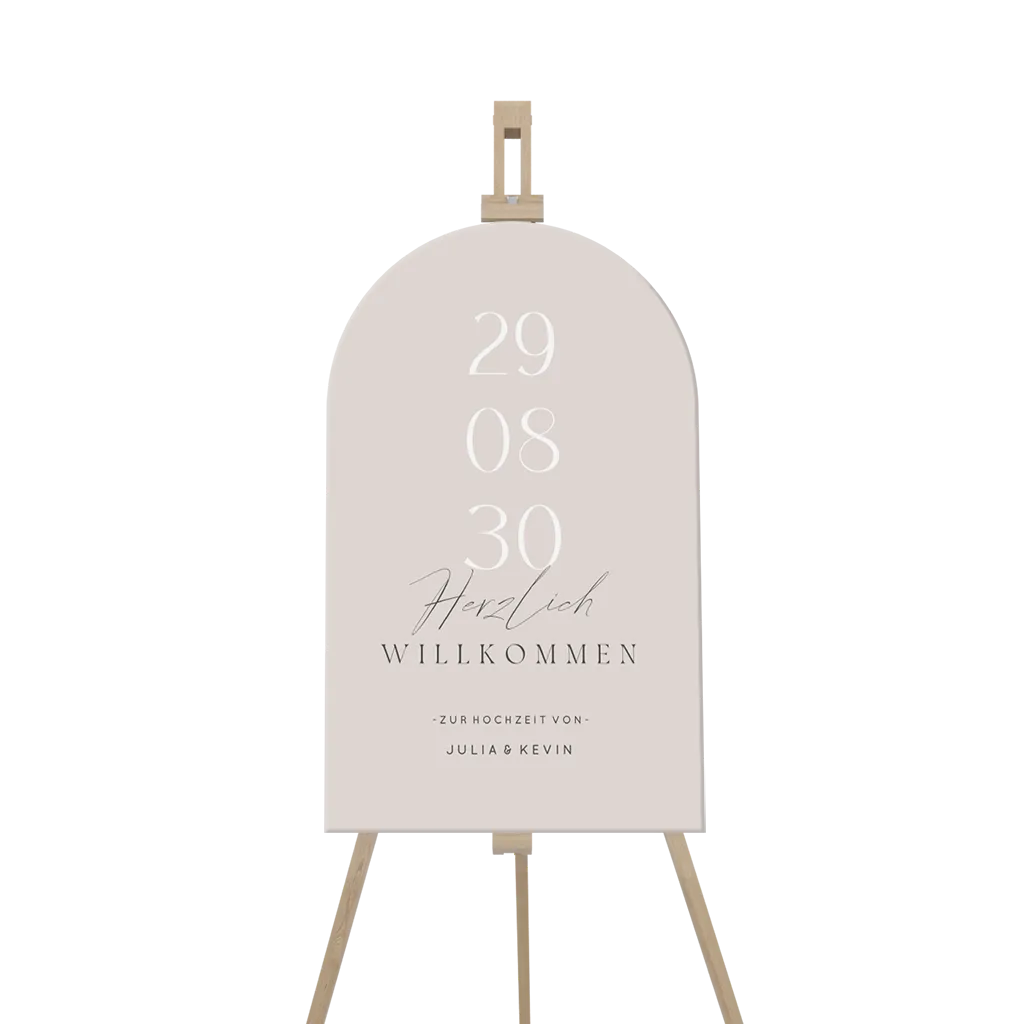 Bogenförmiges Willkommensschild zur Hochzeit in Beige mit stilvoller Schrift