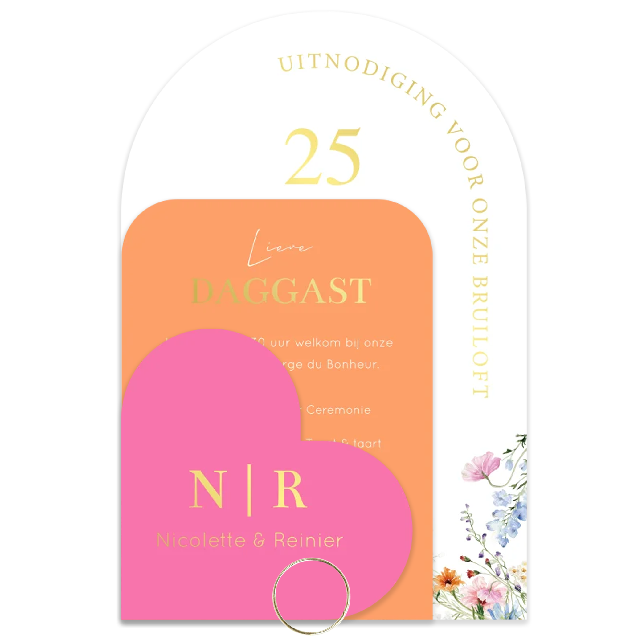 Trouwkaart labelkaart hartje bloemen oranje roze luxe goudfolie