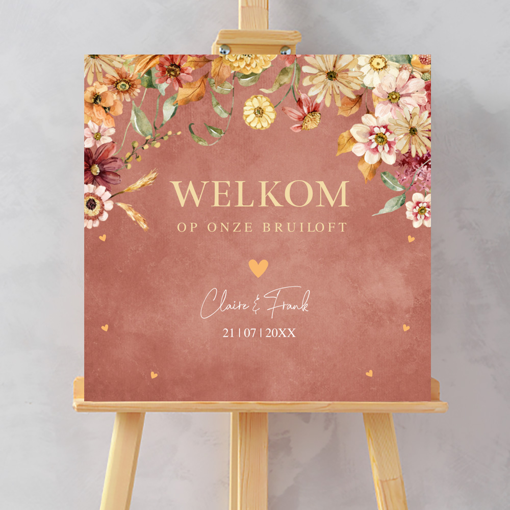 Bruiloftsbord terracotta roze bloemen chic autumn