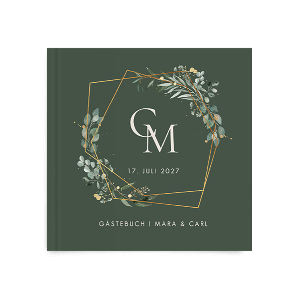 Grünes Gästebuch mit geometrischem Rahmen in Gold mit Initialen