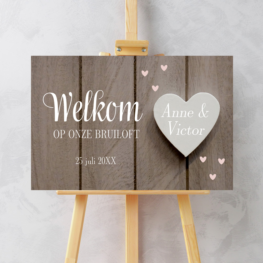 Bruiloftsbord houtlook bruin hartje welkom 60x40 cm