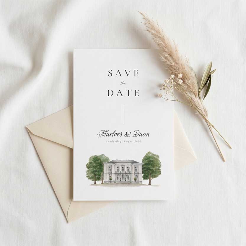 Moderne Save the Date met trouwlocatie Landgoed Wolfslaar