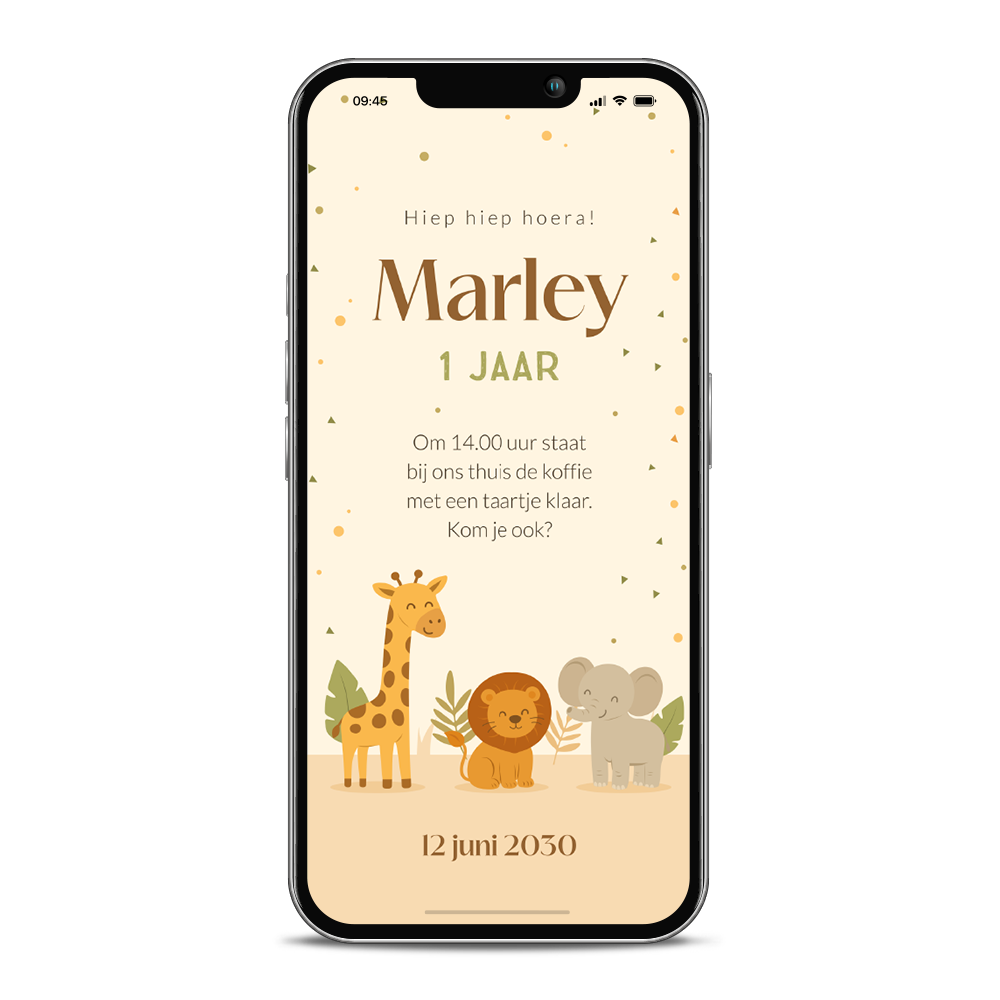 Kinderverjaardag uitnodiging digitaal met confetti en safari dieren
