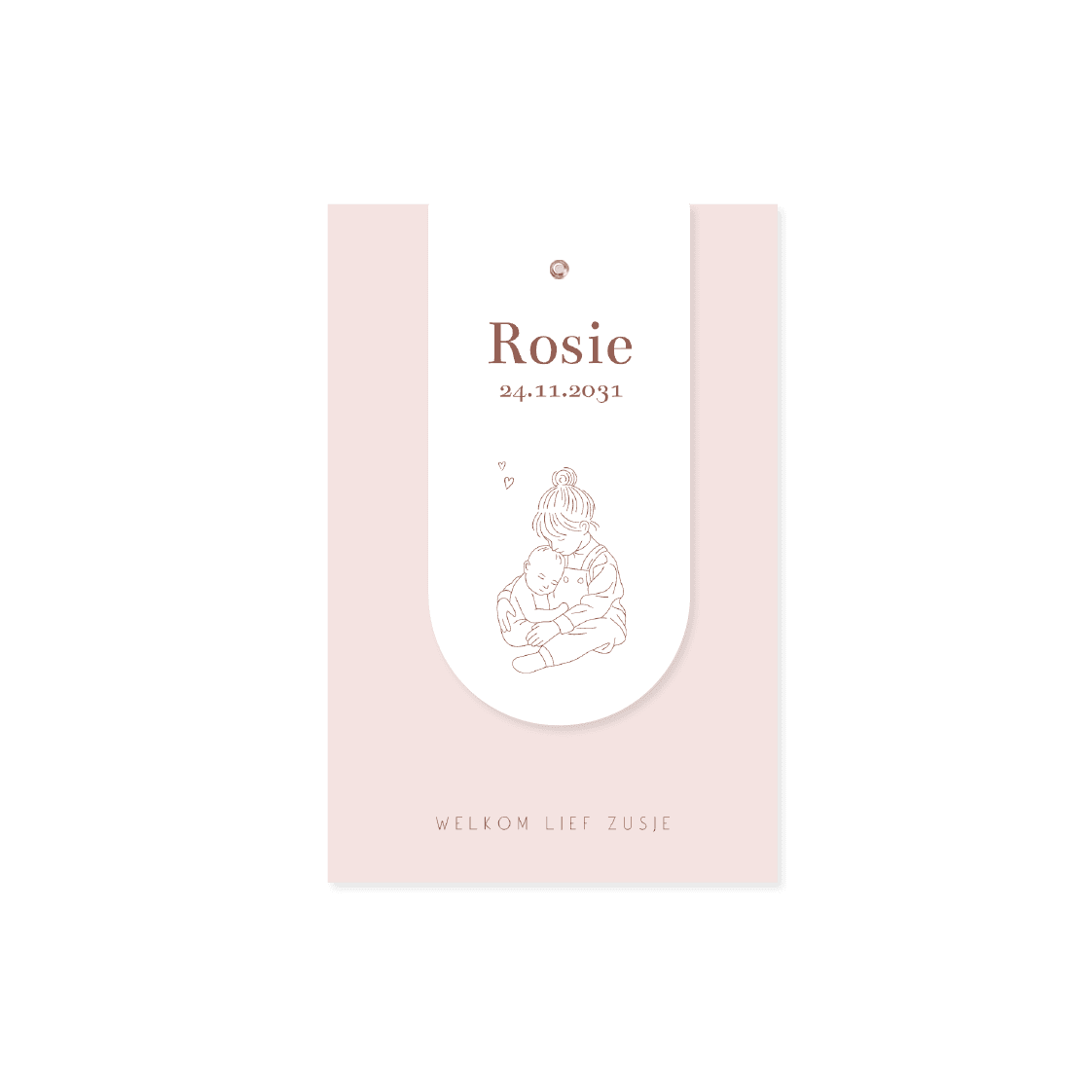 Roze label geboortekaartje met lijntekening van grote zus met baby