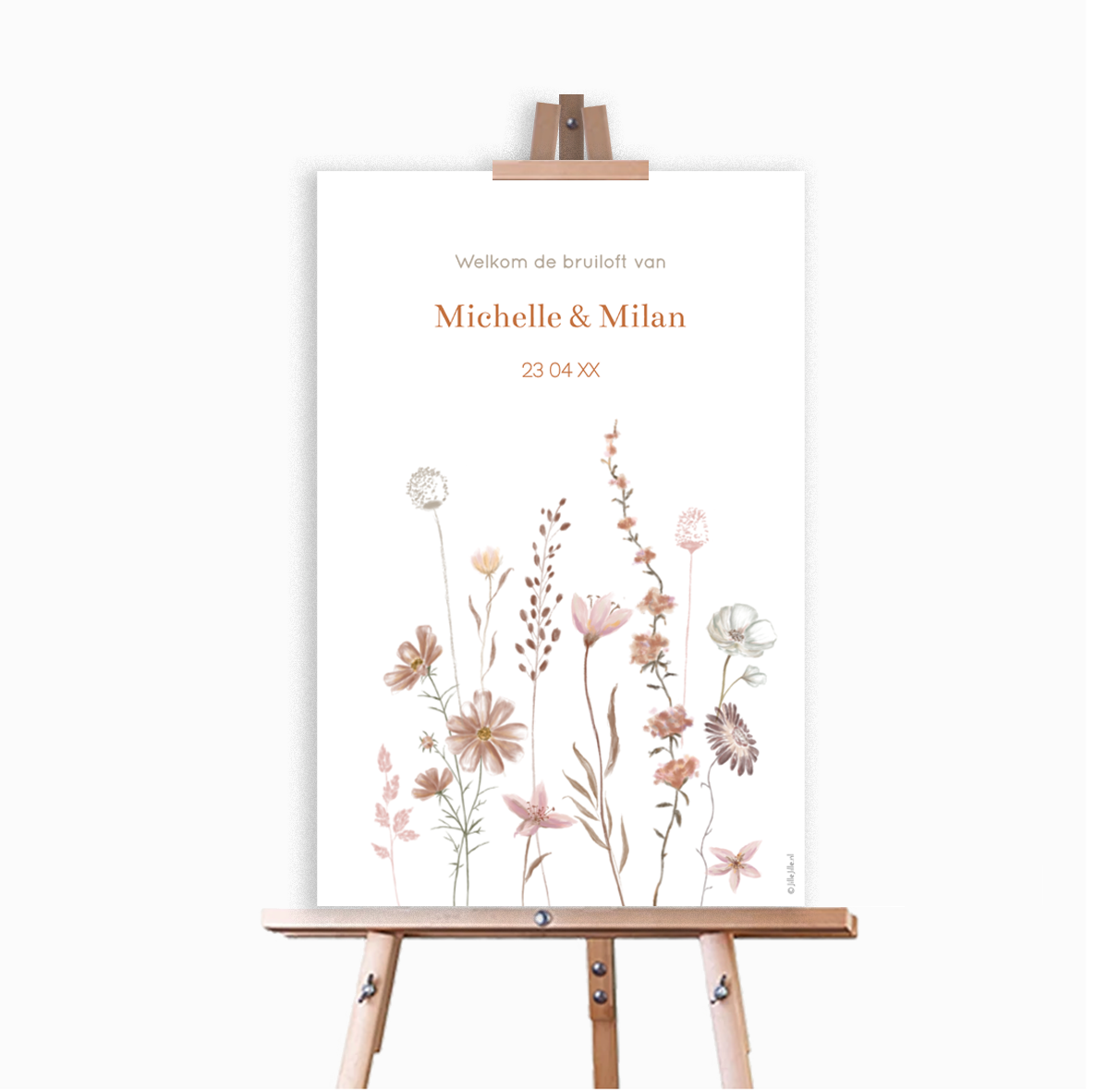 Aankondigingsbord veldbloemen bij bruiloft huwelijk bruiloft bord