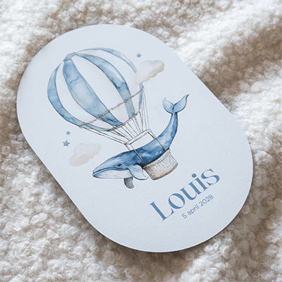 Ovalen geboortekaartje walvis in luchtballon blauw