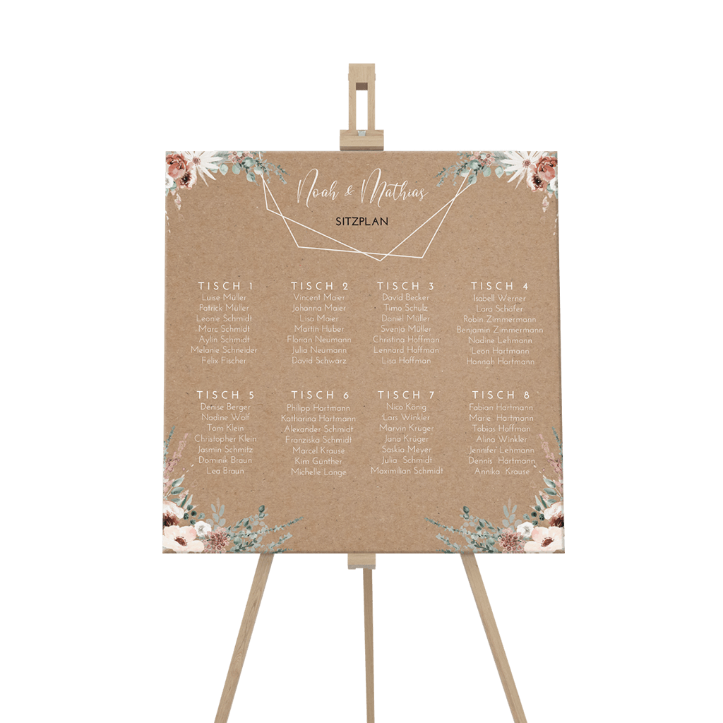 Sitzplan Schild mit Sechskant und Blumen im Kraft-Look