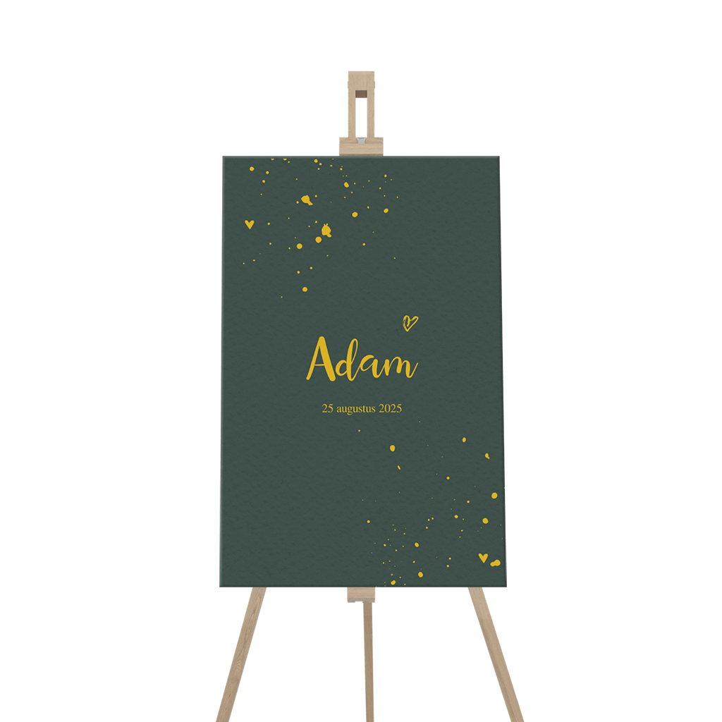 Aankondigingsbord voor de geboorte donkergroen en hartjes
