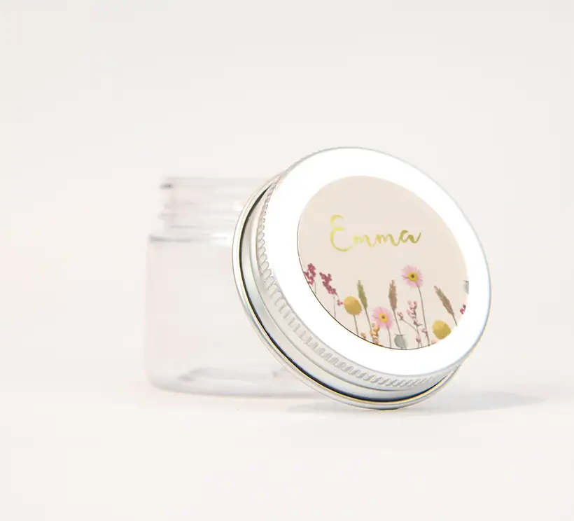 Zachtroze naamsticker met bloemen en goudfolie - per vel