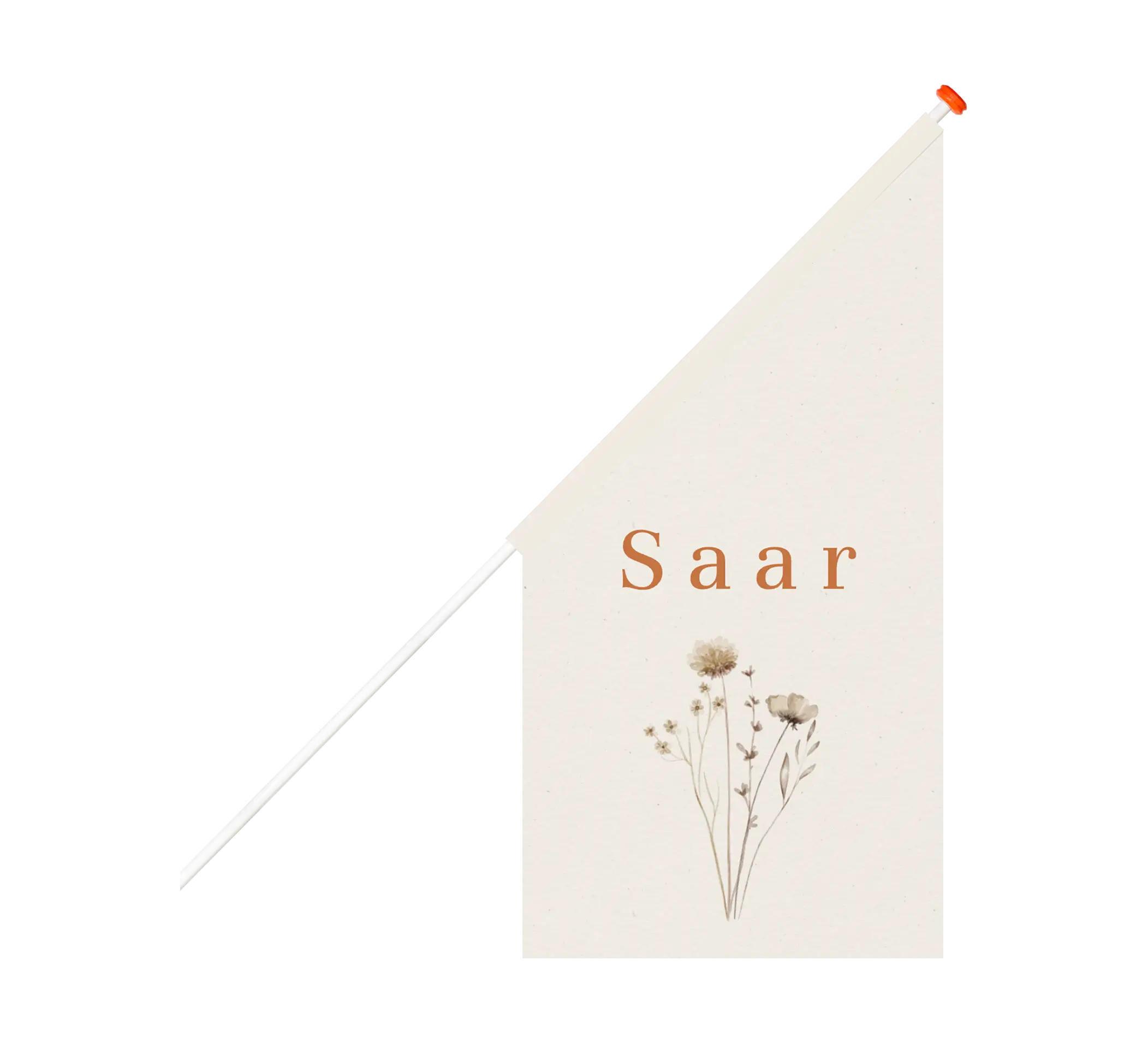 Neutrale geboortevlag met naam en droogbloemen