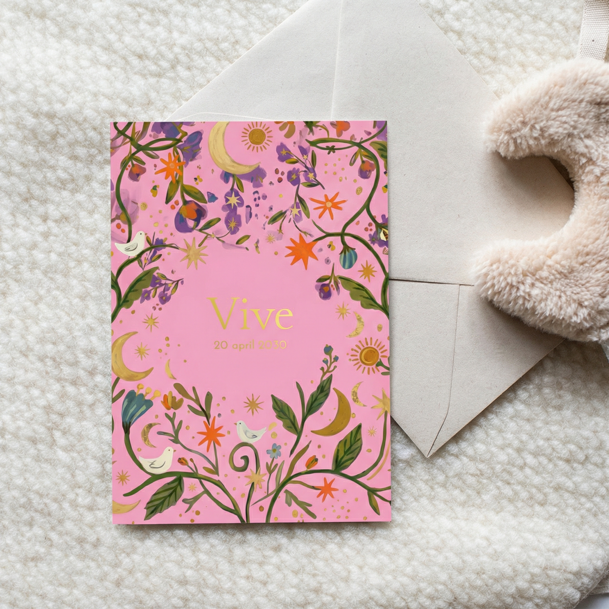 Geboortekaartje meisje roze patroon bloemen vogels