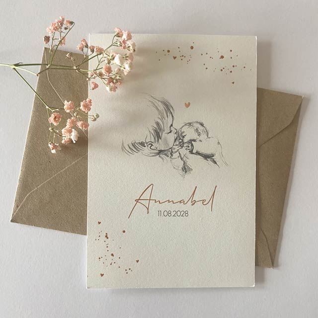 Staand geboortekaartje pentekening zwartdruk tweed kindje hoogglans
