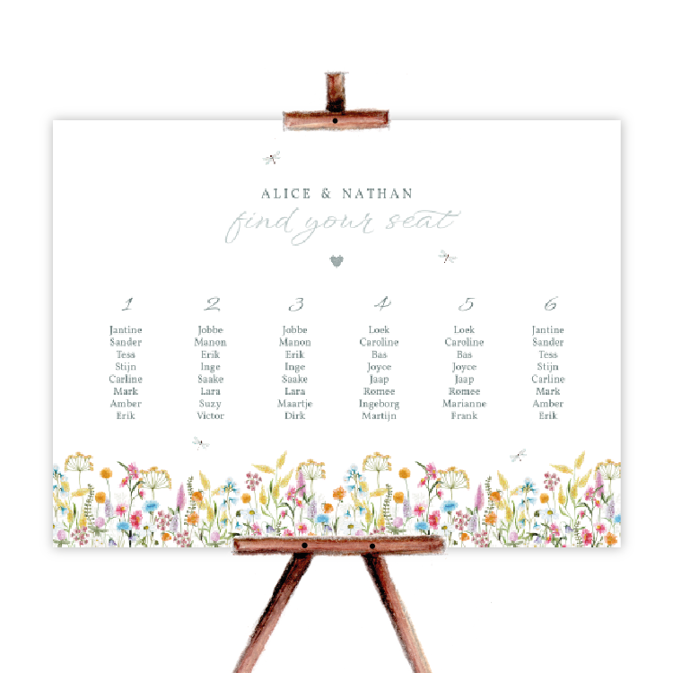 seatingplan zitplan getekende veldbloemen libelle