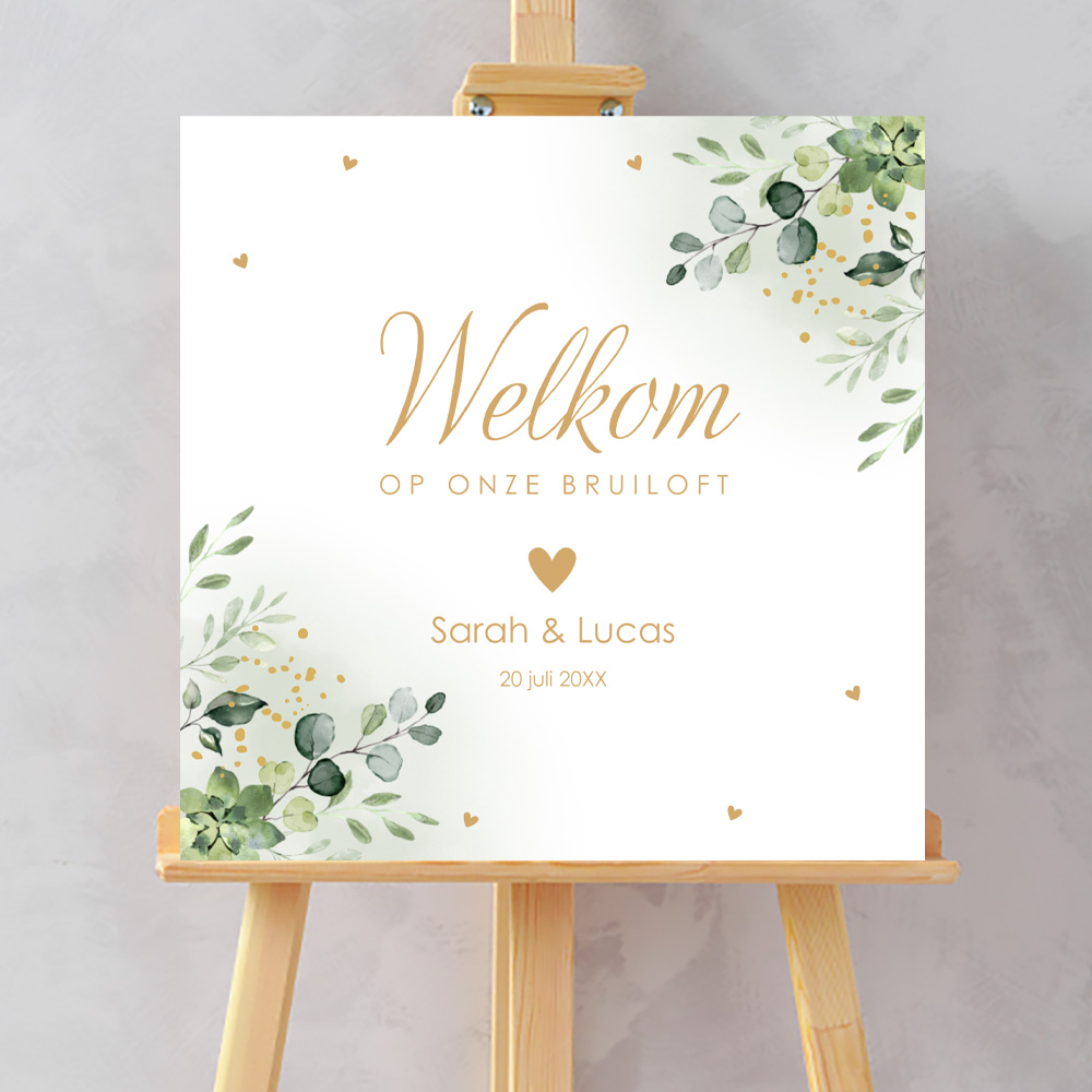 Welkomstbord bruiloft botanisch groen bladeren 70x70 cm