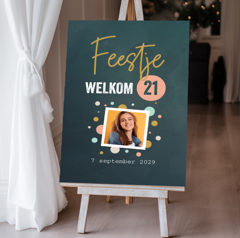 Welkomstbord feestje 21 diner modern met foto