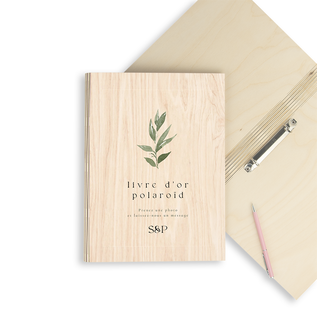Livre d'or en bois tendance avec branche verte