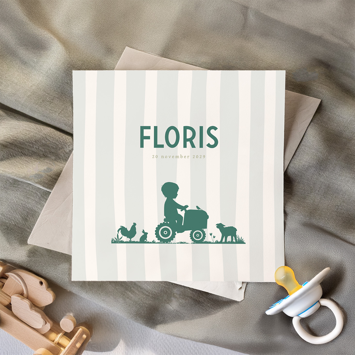 Silhouet geboortekaartje lijnen voor jongen met trekker