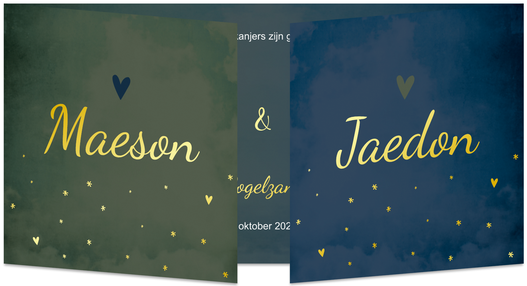 Geboortekaartje Tweeling Luikkaartje Panorama Groen-blauw