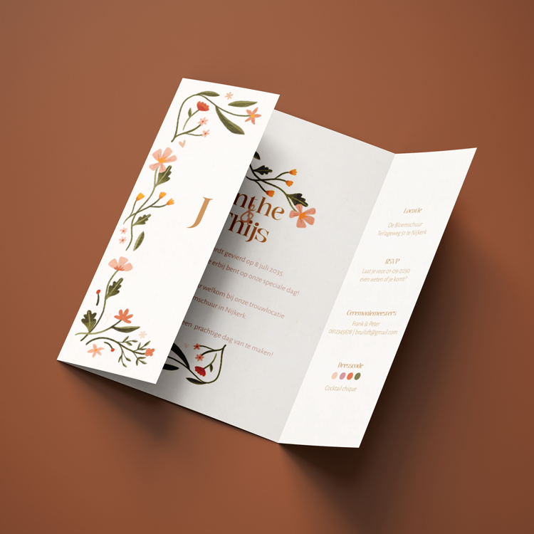 Luikvouw trouwkaart in botanische stijl met bloemen