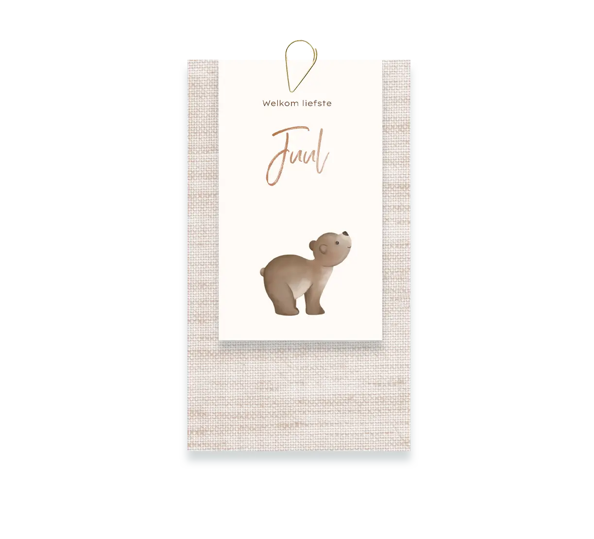 Label geboortekaartje beige linnenlook en beertje