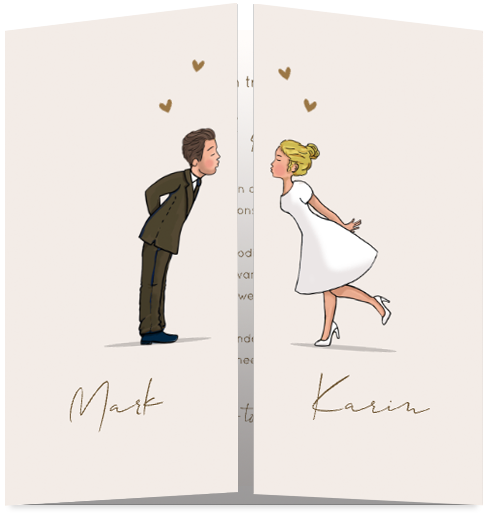 Theaterkaart trouwen met kussend bruidspaar