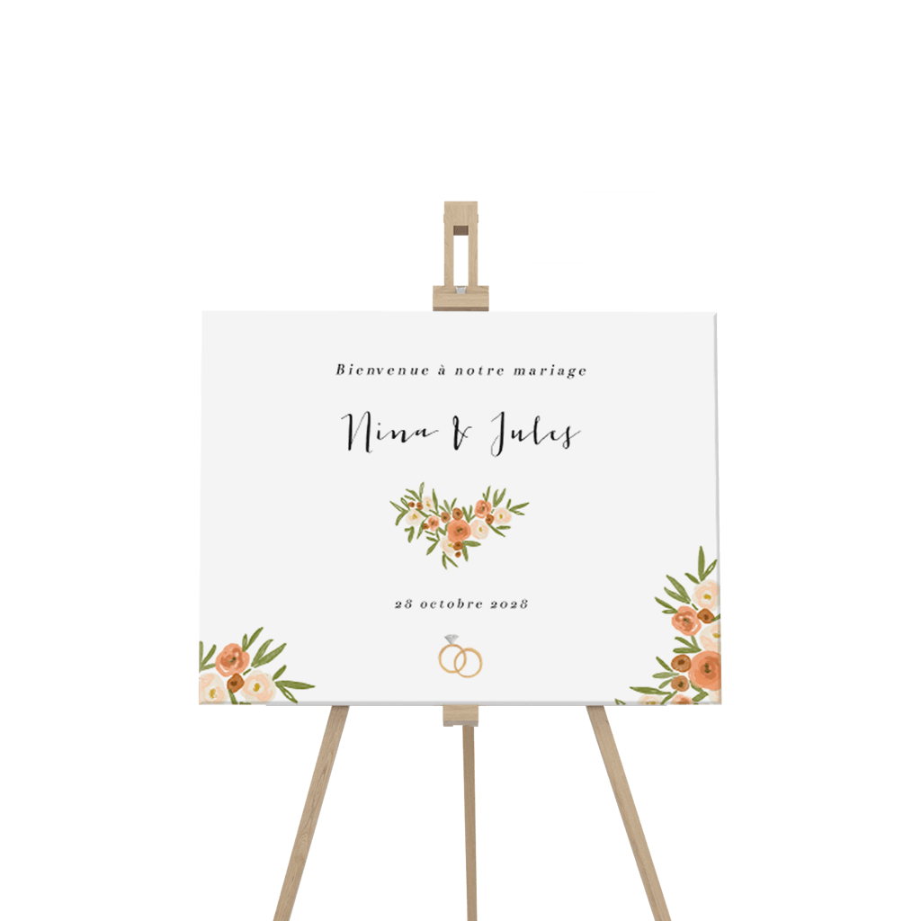 Panneau de bienvenue avec fleurs et alliances