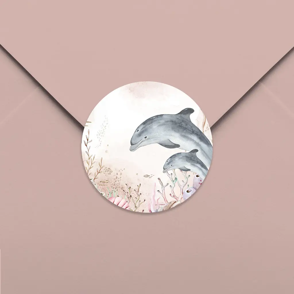 Sluitsticker roze watercolour met dolfijnen - per 25 stuks