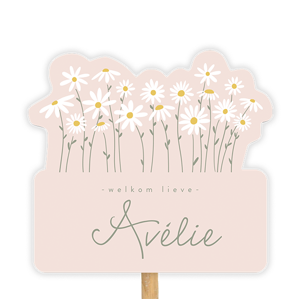 Roze tuinbord met witte bloemetjes