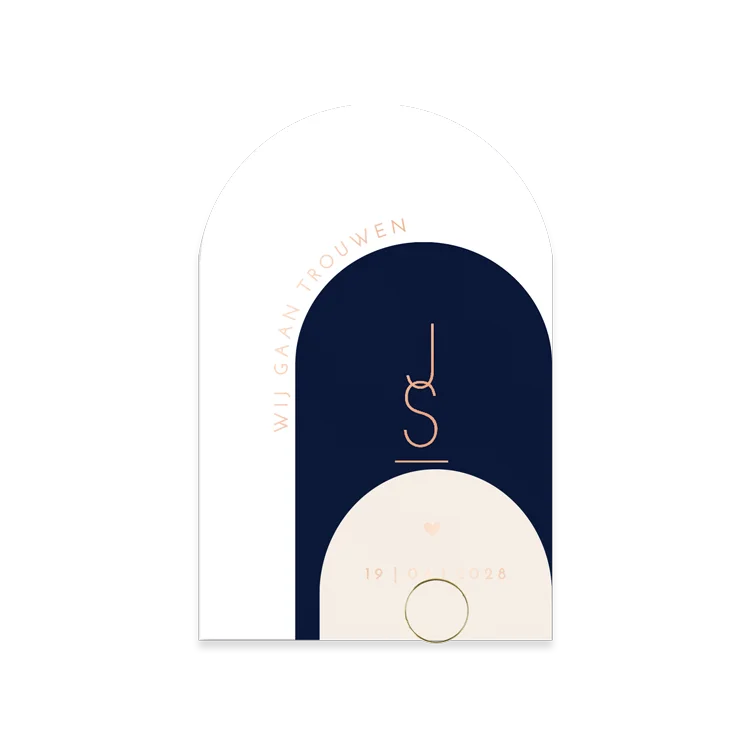 Stijlvolle stapelkaart bruiloft donkerblauw met initialen koperfolie